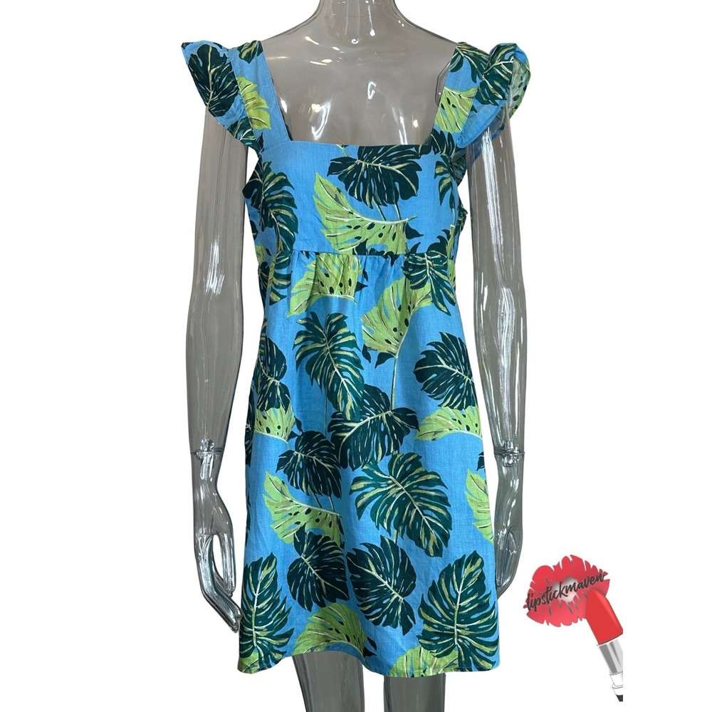 Draper James Maddie Dress Womens Large Blue Floral Mini Baby Doll 100%‎ Linen